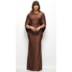 After Six 6897 Cognac Draped Stretch Satin Maxi Dress with Built-in Capelet XXL